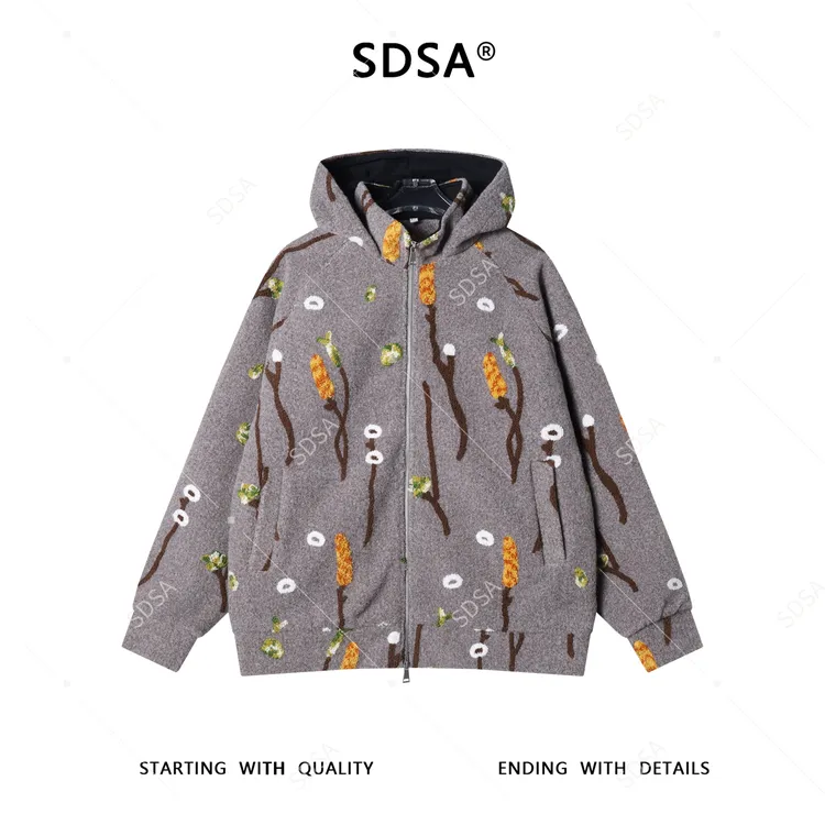 SDSA秋冬新款痞帅男装潮牌撞色趣味针织拉链立领连帽卫衣外套百搭