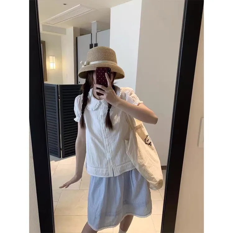 【五一出游服装女】甜美法式泡泡袖衬衫半身裙套装夏季新款两件套潮