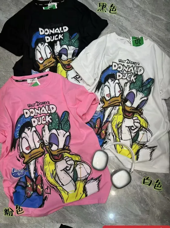 跨境潮牌2025重工卡通洗水唐老鸭黛西卡通中长款短袖T恤
