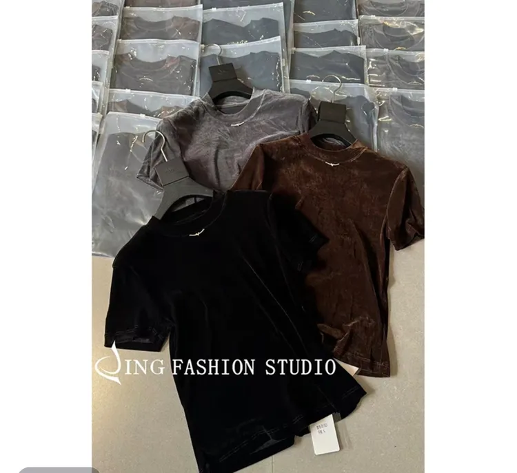 JING秋季新款1821纯色圆领丝绒短袖T恤女装舒适百搭宽松上衣