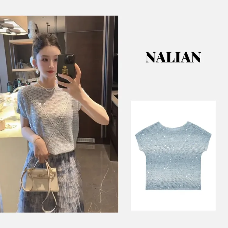 洋洋优选-夏季新款镂空重工亮片设计感圆领套头针织衫上衣YY71653