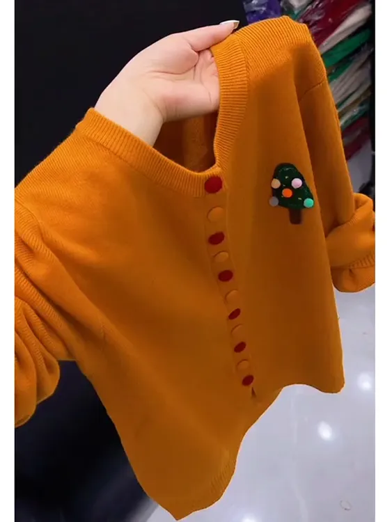 冬季新款减龄圣诞树立体装饰长袖针织开衫毛衣女时尚软糯百搭上衣