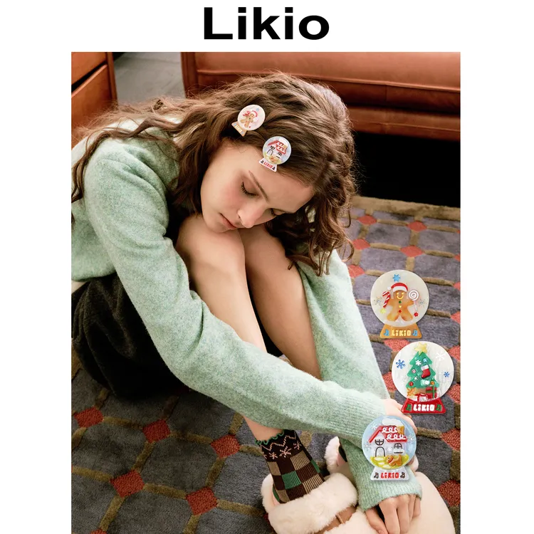 Likio 温暖圣诞 许愿音符多彩水晶球边夹 侧边发卡刘海头饰可爱