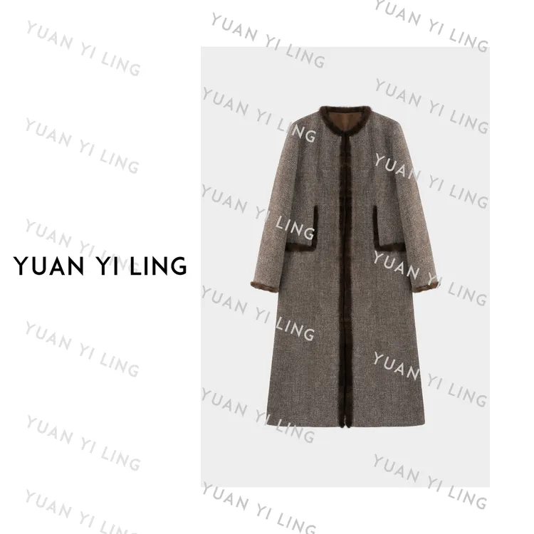 袁艺灵【赫莲娜】高品质羊毛亚麻颗粒感进口水貂毛边毛呢外套9215