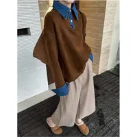 牛仔拼接」时尚假两件翻领针织衫女秋冬新款加厚设计感洋气毛衣