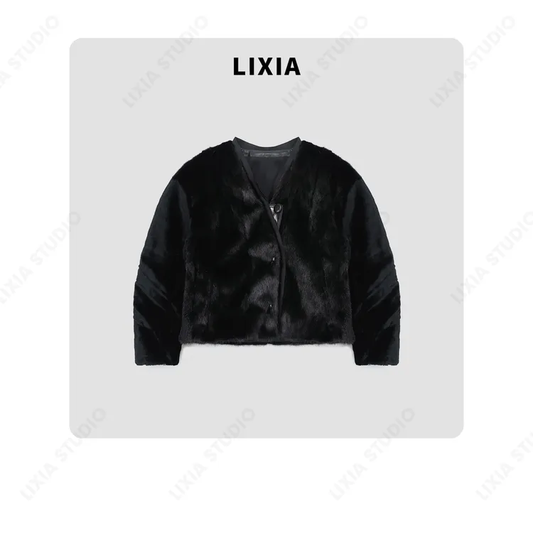 LIXIA【自成焦点】轻奢款羊皮拼水貂皮毛一体皮草外套-A8310