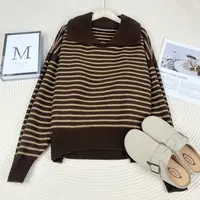 玲姐定制-条纹翻领毛衣女新款撞色宽松休闲针织毛衣400128