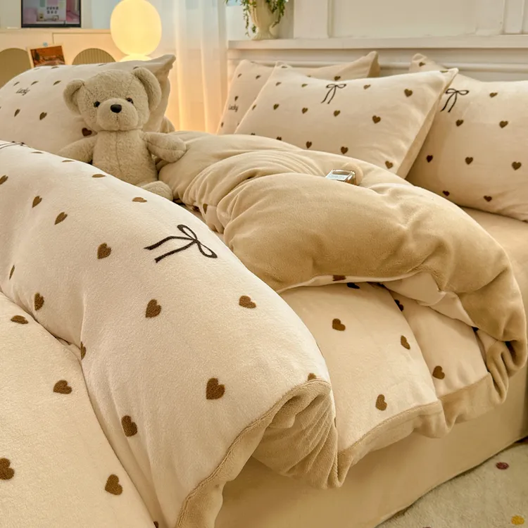 秋冬床笠款四件套加厚牛奶绒被套珊瑚绒被罩加绒学生宿舍三件套