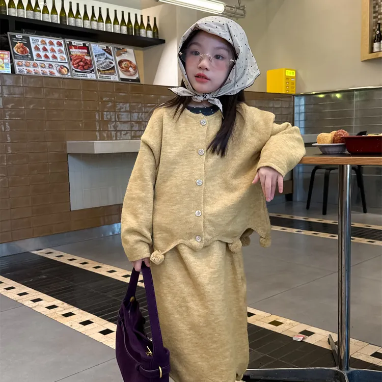 秋冬新款百搭针织设计款女童套装冬季韩版学院风毛衣两件套
