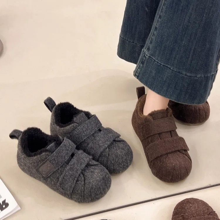 超火全包厚底毛呢加绒勃肯鞋女款冬季爆款外穿魔术贴平底保暖棉鞋