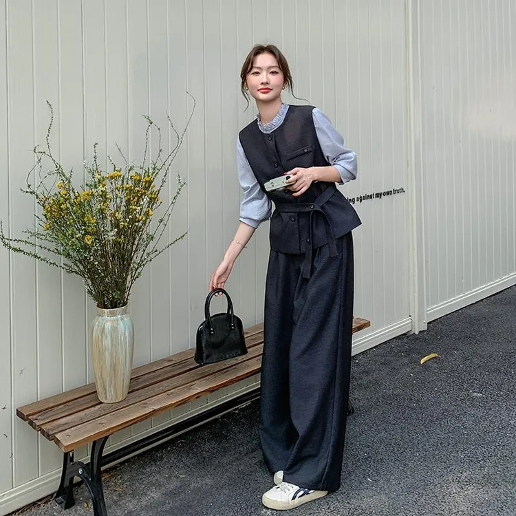 灰色超好看马甲时尚套装女春季2025新款韩系收腰显瘦阔腿裤三件套