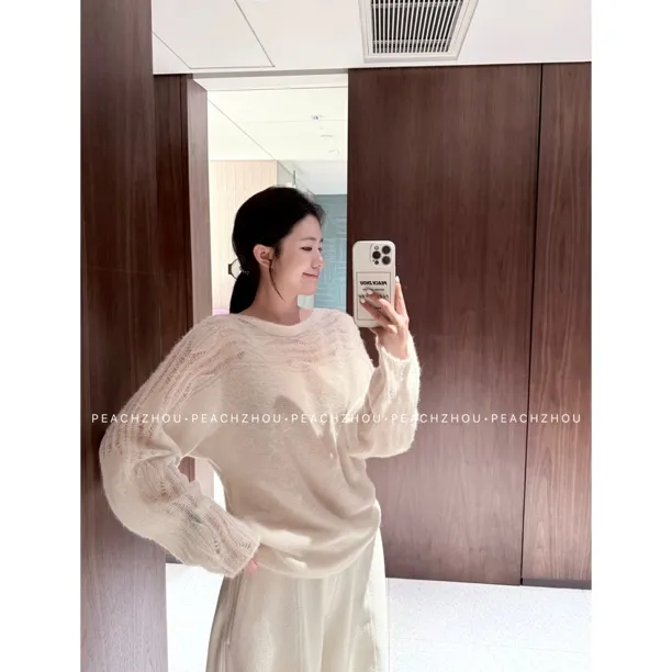 PEACHZHOU 羊驼毛混纺针织镂空宽松船领针织衫纯欲休闲气质罩衫女