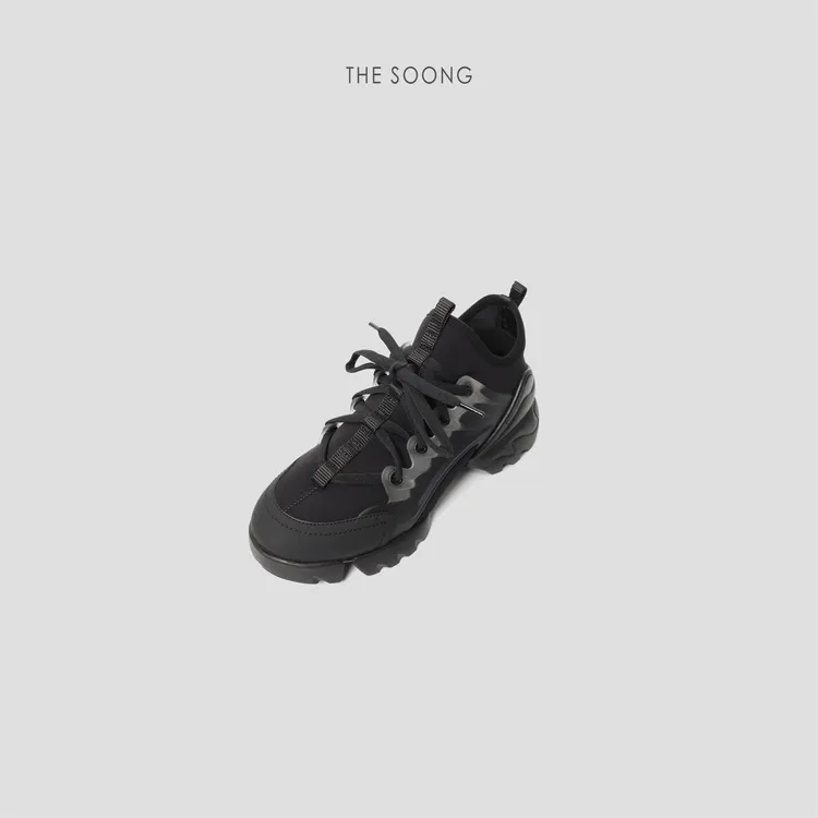 THESOONG|经典牛皮弹力织面修饰线条感增高厚底休闲鞋HWXZ8171