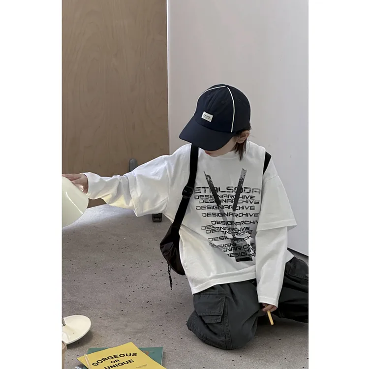 柒号童仓男童T恤长袖春秋款2025新款儿童假两件打底衫中大童上衣