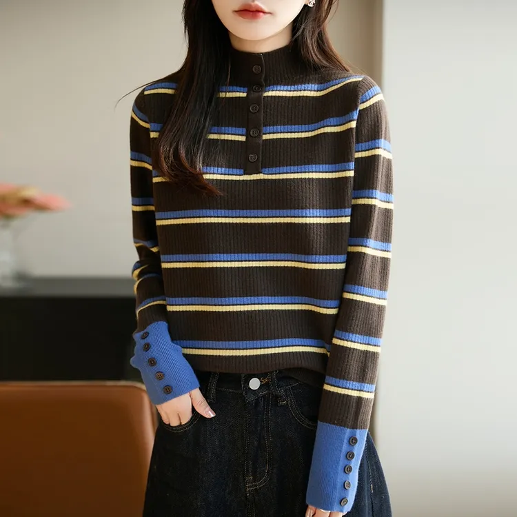 秋冬常规款针织圆领长袖条纹毛针织衫时尚百搭针织衫网红