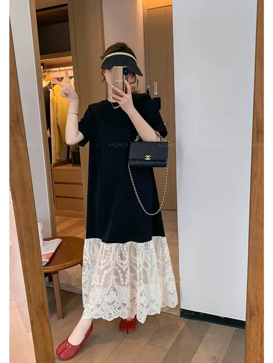 黑色圆领短袖蕾丝拼接连衣裙女2025夏季新款T恤裙长裙