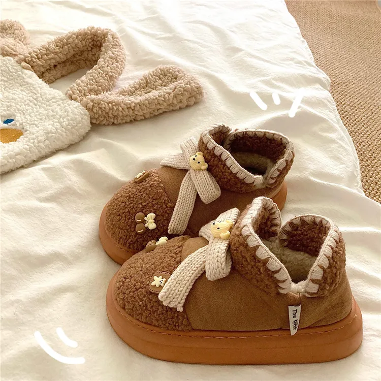 vintage古着感~！毛线小熊加绒保暖厚底雪地靴女冬季外穿包跟棉鞋