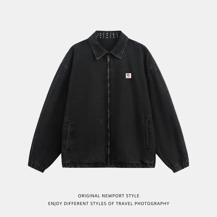 【郑钳钳专属】美式复古水洗做旧底特律工装牛仔夹克男秋季领口印花短宽廓形外套