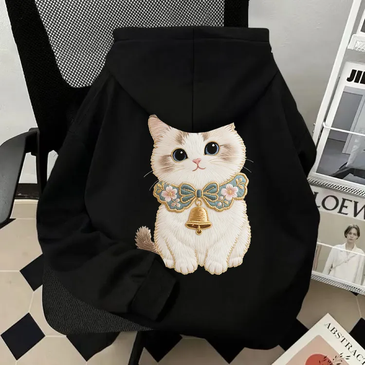 重磅加绒加厚连帽卫衣男女秋冬新款铃铛猫咪防刺绣情侣高街外套潮