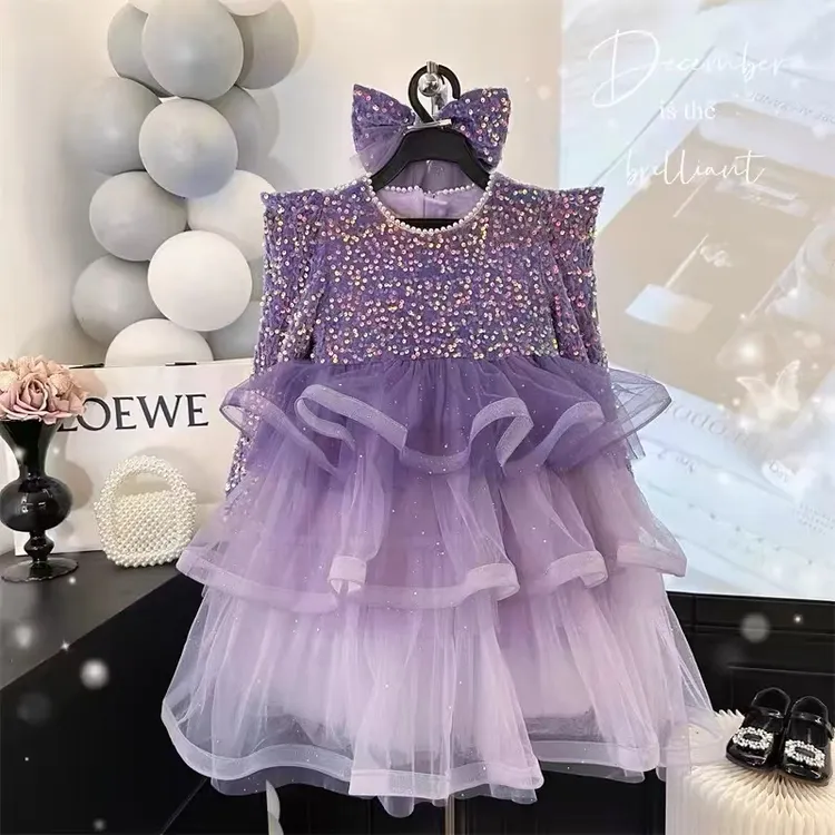 女童新款春秋亮片蛋糕裙2025洋气蓬蓬纱礼服裙女孩重工花童公主裙