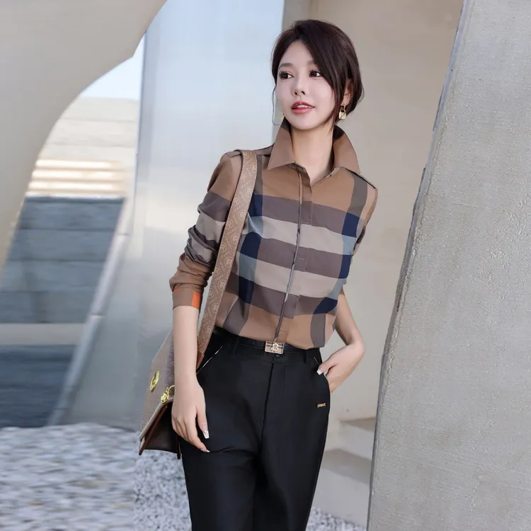 春秋季新款翻领女士长袖条纹高端衬衣休闲百搭单排扣上衣时尚衬衫