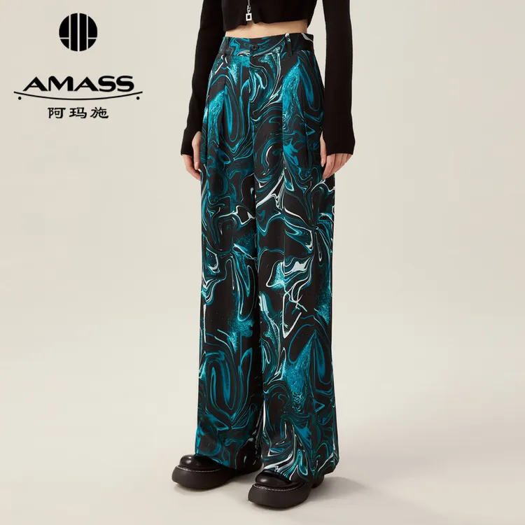 阿玛施夏季新款时尚个性潮流印花高腰宽松显瘦夏季高腰直筒西裤
