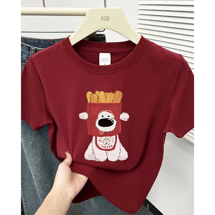 薯条小狗圆领正肩短袖t恤女夏新款韩版设计感洋气印花小个子上衣