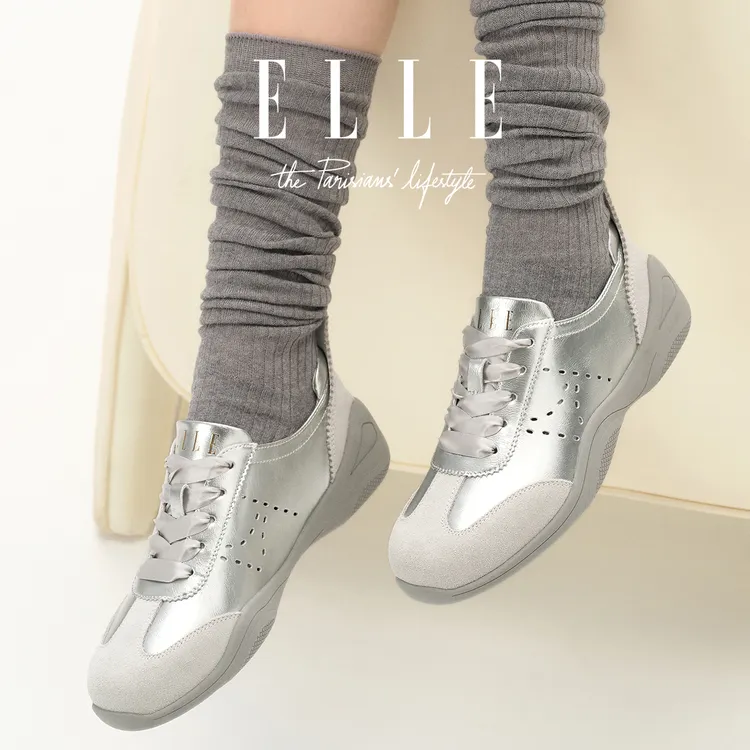 ELLE银色厚底德训鞋女鞋2025今年流行旅游小白鞋配裙子华夫阿甘鞋