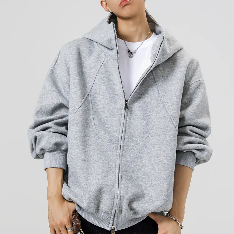 美式重磅解构连帽卫衣男春季潮牌设计感拼接开衫外套高街痞帅帽衫