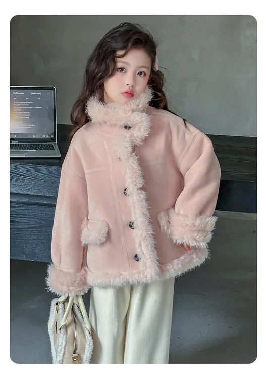 女童加绒外套冬装2025新款儿童皮毛一体上衣女孩冬季加厚毛毛衣