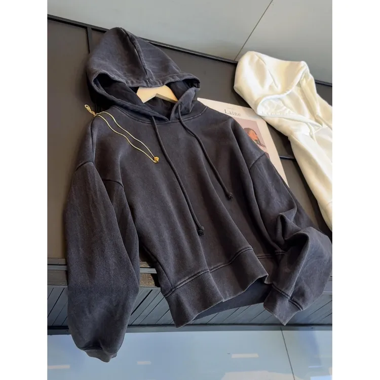 棉60% 美式高街复古纯色连帽薄绒卫衣女秋冬季宽松叠穿慵懒风上衣