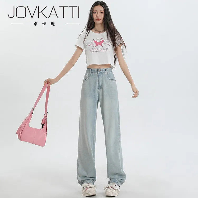 卓卡缇窄版直筒牛仔裤女2025年新款小个子高腰垂感遮胯显瘦阔腿裤