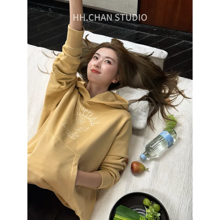 HH.CHAN“美式tiger”100%棉美式老虎头连帽显瘦黄色卫衣HH53H38391