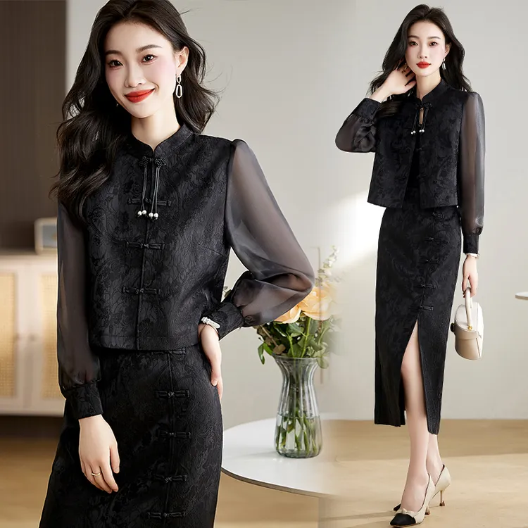 新中式国风改良旗袍套装女2025秋季新款女装盘扣上衣半身裙两件套