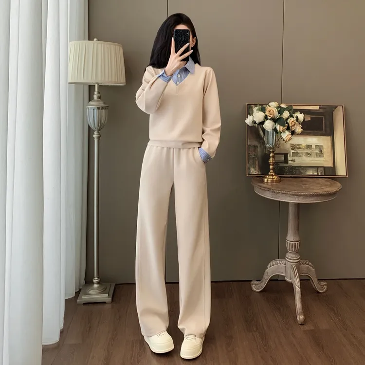 欧货高级感休闲运动套装女撞色领假两件卫衣窄版阔腿裤两件套穿搭