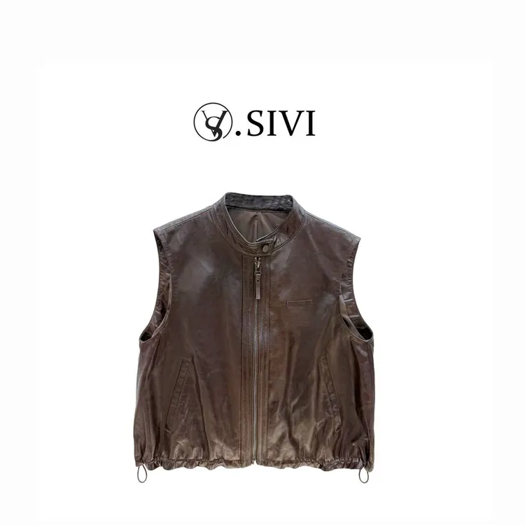 熙薇【茶焙余温】2025早秋新款休闲宽松潮流时尚百搭皮马甲H3818