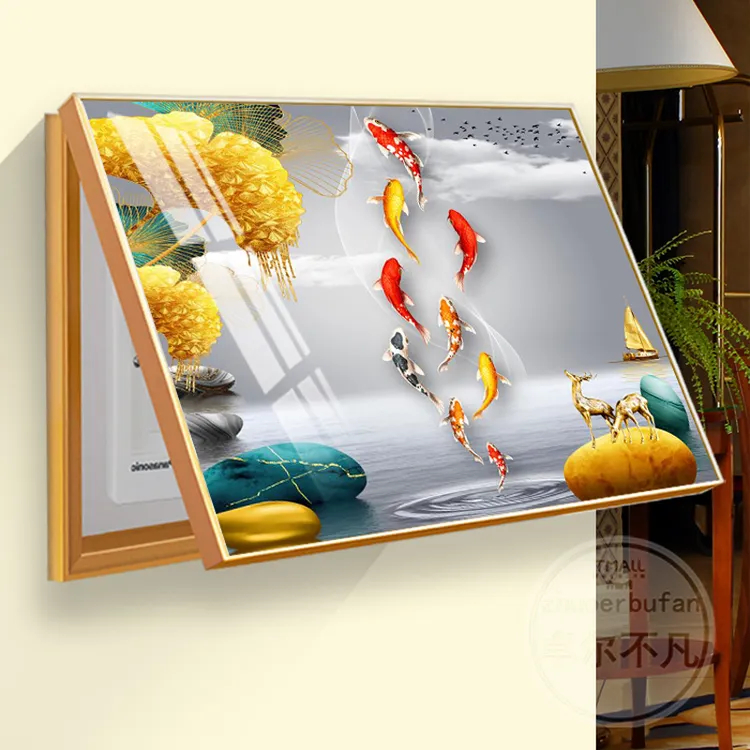 新中式电表箱装饰画九鱼免打孔客厅开关电表盒配电箱电闸挂画遮挡