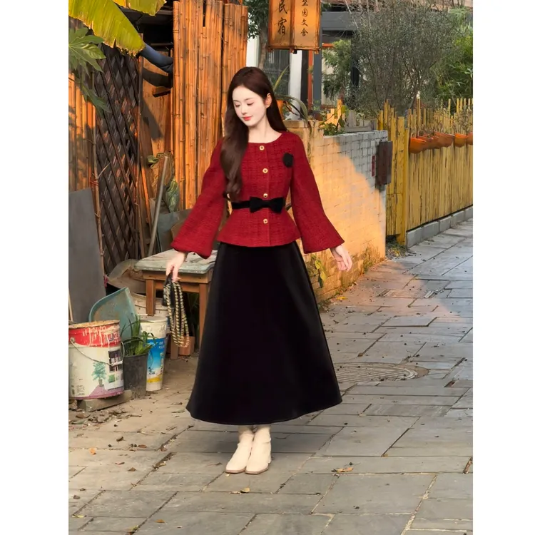 【莫奈花园】<77>小香风花苞袖粗花呢撞色羽绒服XMZH11077