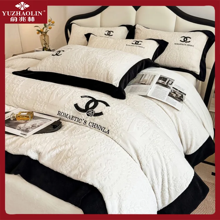 俞兆林加厚雕花牛奶绒四件套冬季保暖双面绒被套床单高档刺绣床品