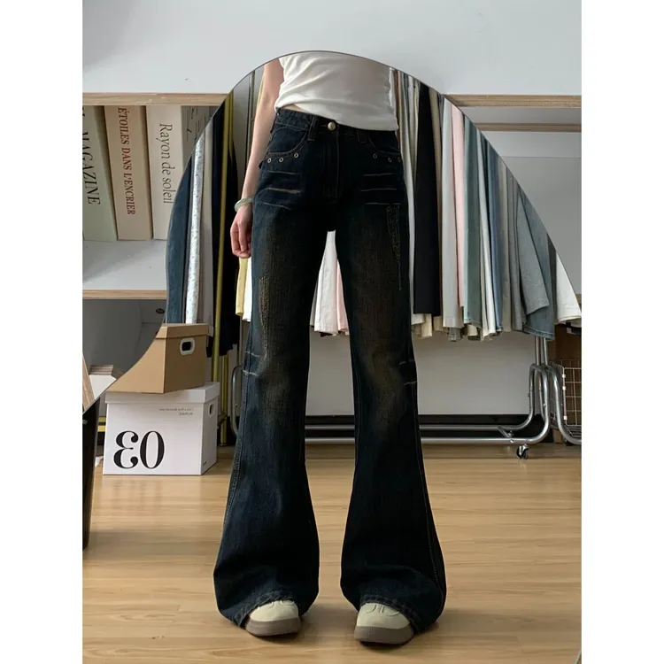 视觉手册复古百搭嬉皮低腰喇叭裤新款摩卡蓝灰修身显瘦微喇牛仔裤