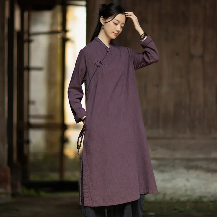 小个子文艺立领复古旗袍长袖连衣裙女秋季中长款禅服太极服居士服