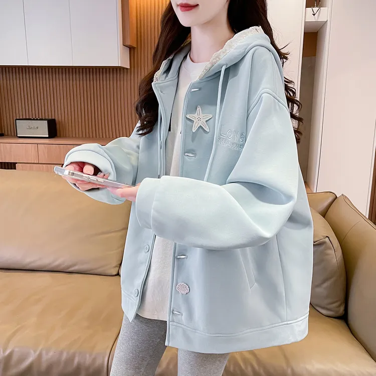 秋日海岛奶蓝蕾丝边连帽卫衣女2025新款初中高中学生宽松开衫外套