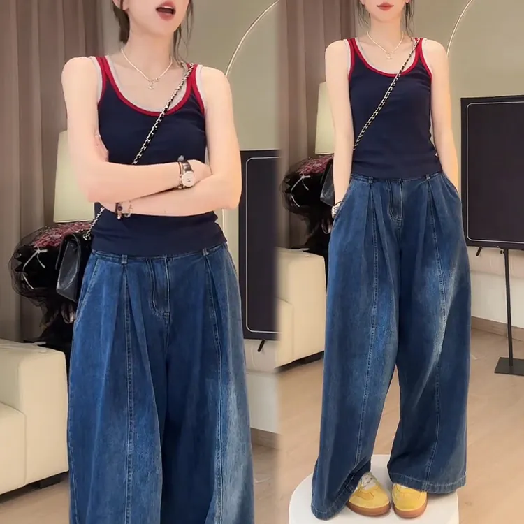 美式潮流运动风套装女夏季新款撞色无袖背心上衣牛仔阔腿裤两件套