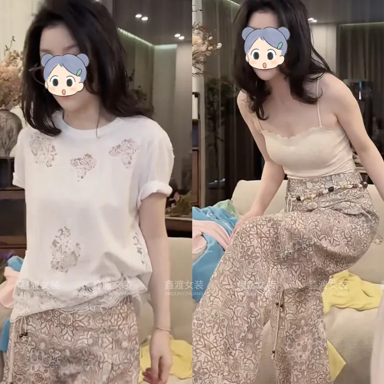 2025春夏新款时尚显瘦气质女士网红洋气两件套百搭款D6824