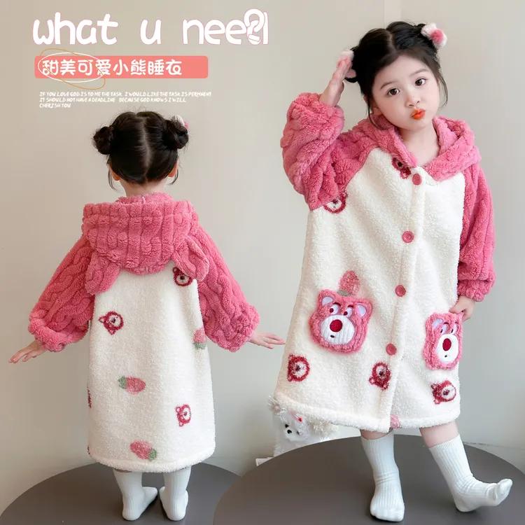 女童睡袍秋冬季加厚珊瑚绒睡裙女宝宝冬季连帽保暖儿童法兰绒浴袍