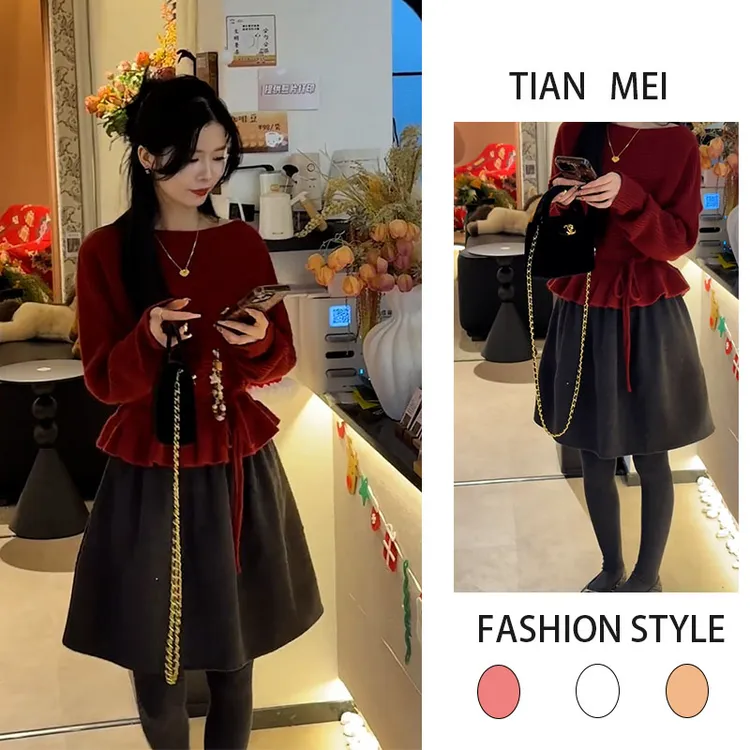 2025年秋冬季独特漂流一整套设计感红色收腰上衣显瘦短裙两件套