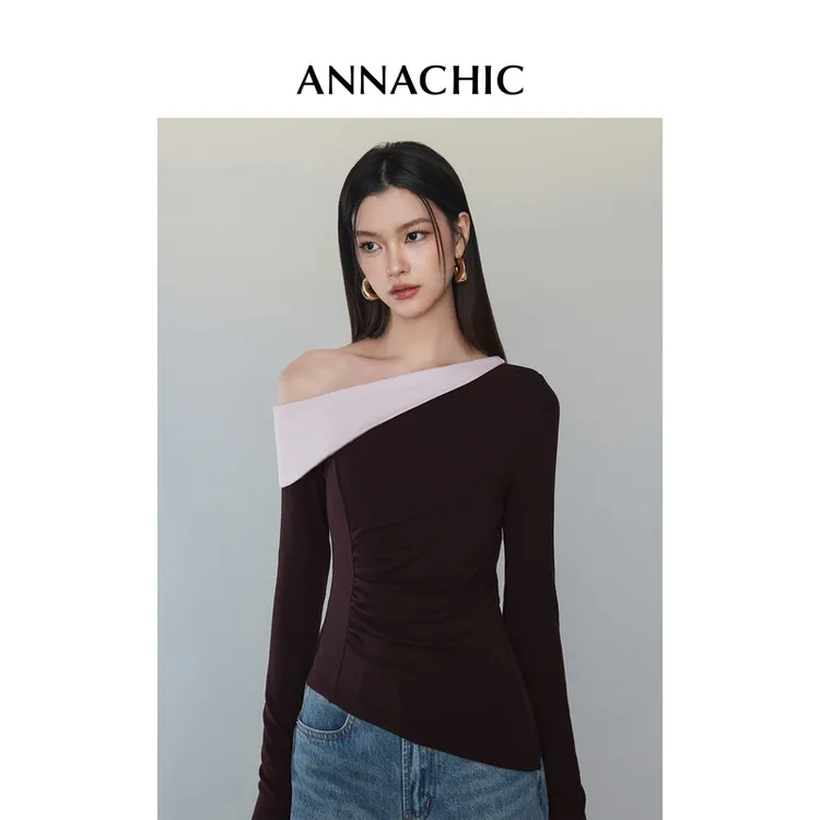 ANNACHIC设计感小众别致T恤女春季新款纯欲风露肩撞色长袖打底衫