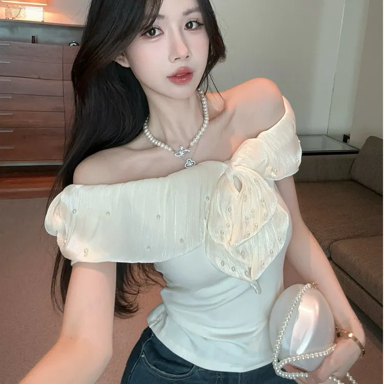 法式纯欲一字领露肩短袖T恤女夏季独特超好看辣妹性感短款上衣潮