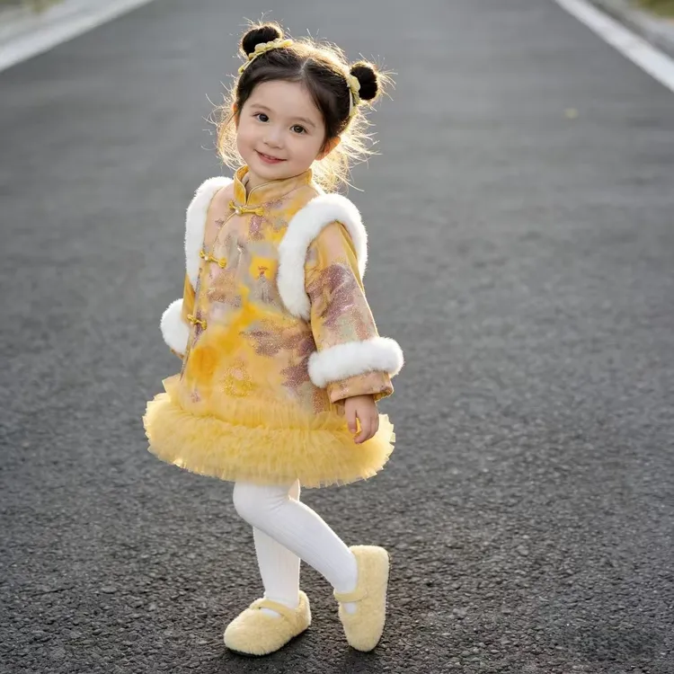 女童冬季国风连衣裙加绒加厚唐装女宝宝中国风旗袍裙周岁拜年服冬