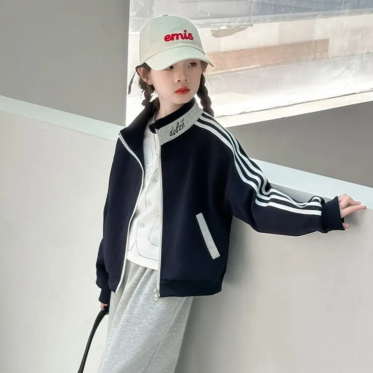 女童春装外套2025春秋新款大童立领长袖薄款拉链运动修身开衫上衣